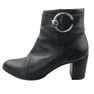 PB Women's Black Leather Almond Toe Buckle Strap Zip Chelsea Ankle Boots Size 8